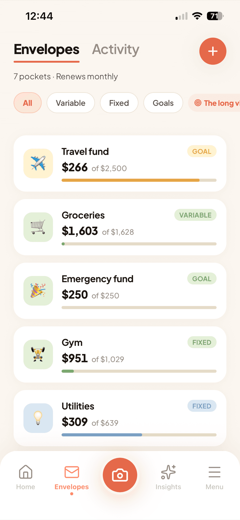 PocketPal, the envelopes list