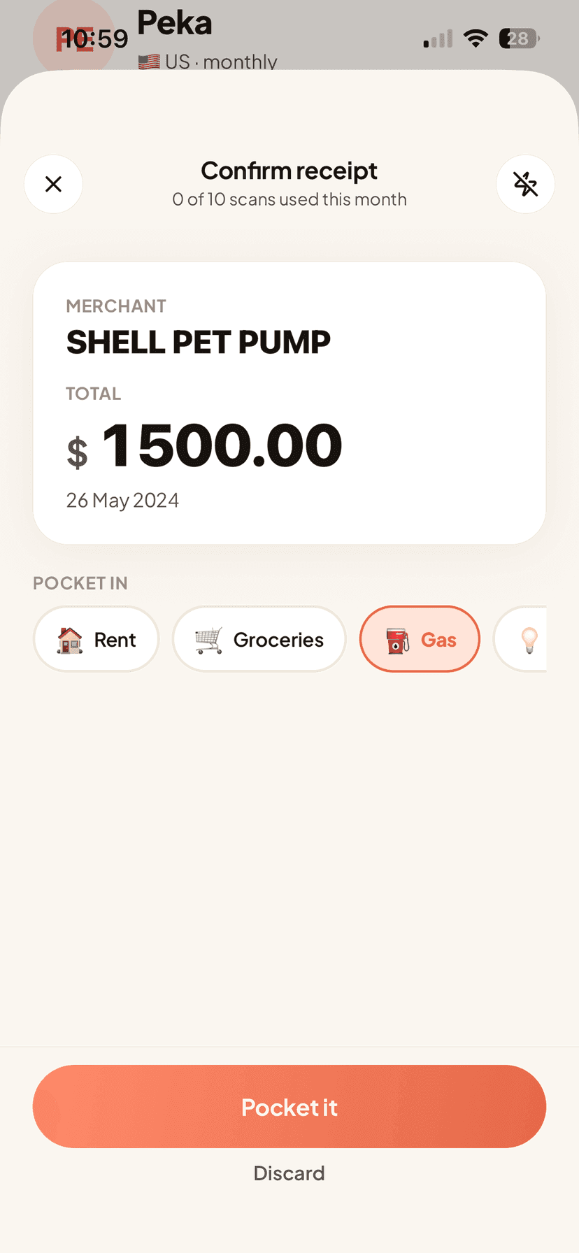 PocketPal, confirming a scanned receipt
